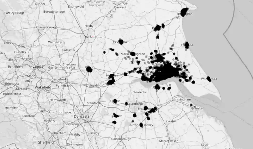 Map showing the locations where KCOM's broadband services are available.