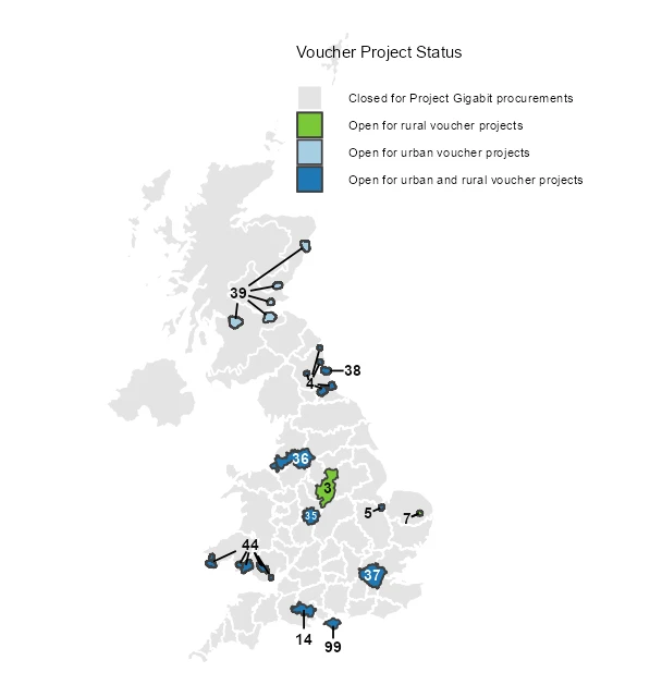 UK map showing Gigabit Broadband Voucher Scheme project status with regions highlighted as open for rural, urban, or both voucher projects, including numbered clusters across England, Wales, Scotland, and Northern Ireland.