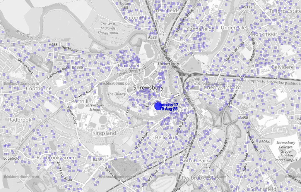 Map of Shrewsbury showing full fibre broadband rollout with individual premises marked, highlighting a local upgrade area labeled “Tranche 17 – 19 Aug 20.”