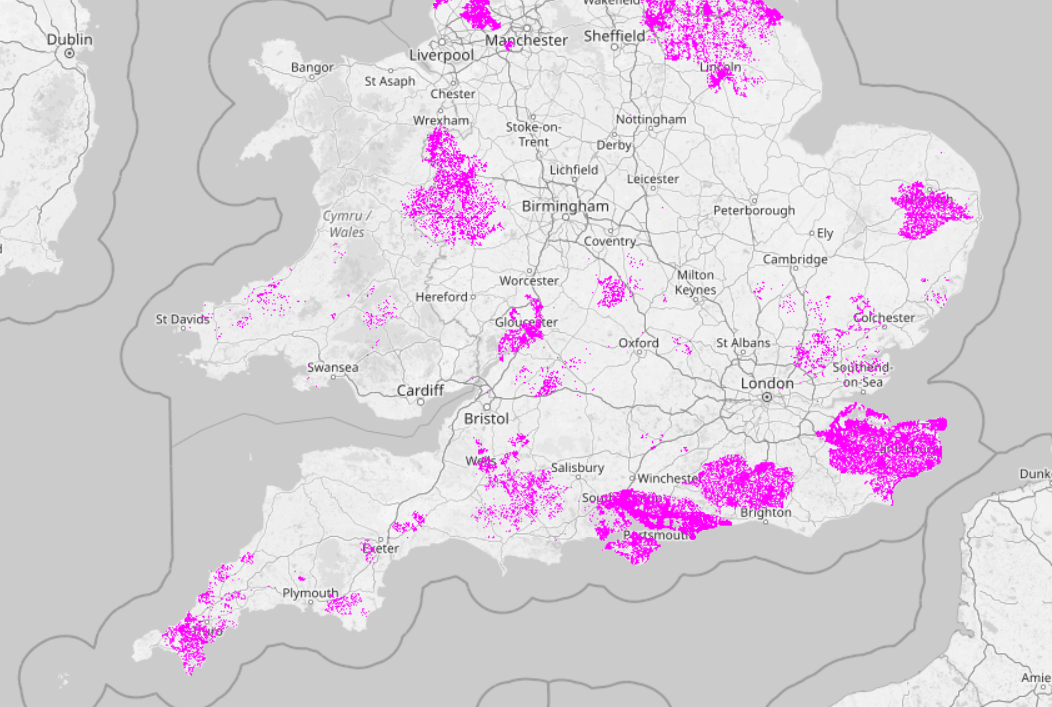 Map of Southern UK showing Fixed Wireless Access broadband coverage in purple, indicating network areas served by over 20 providers across rural and coastal regions.