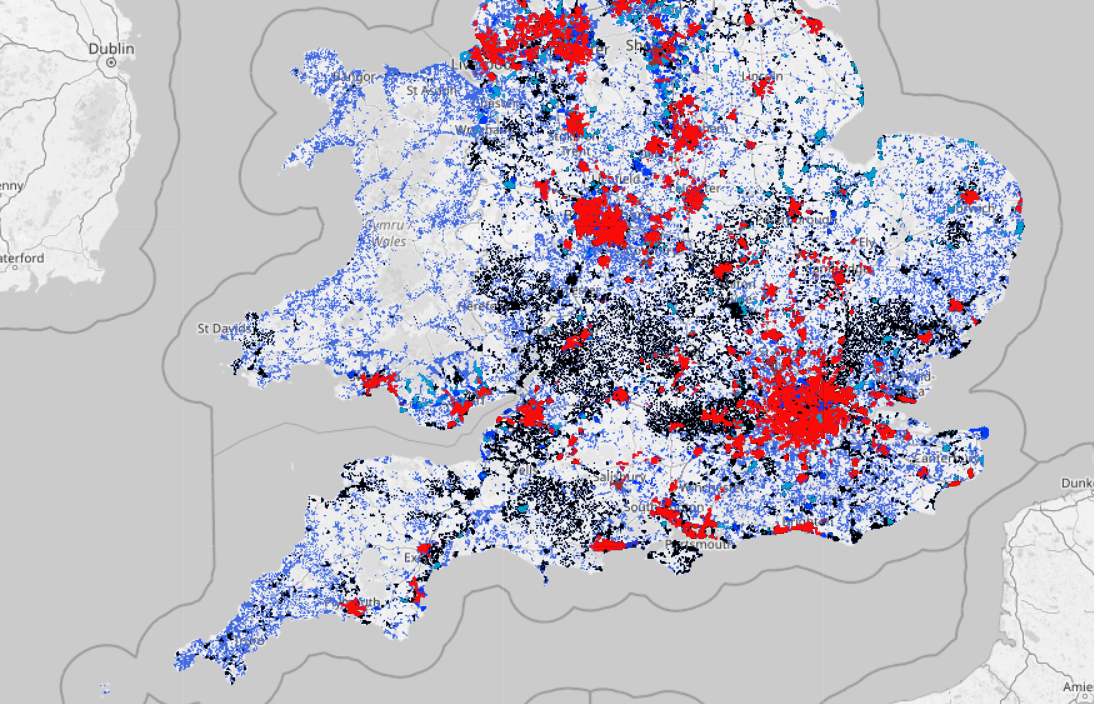 UK broadband coverage map showing provider networks: blue for Openreach FTTP, red for Virgin Media cable broadband, and black for full fibre altnets across southern England and Wales.