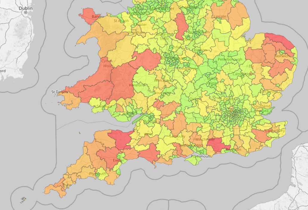 Map of UK showing Gigabit broadband availability by constituency, with a colour scale from green (high availability) to red (low), indicating regional disparities.