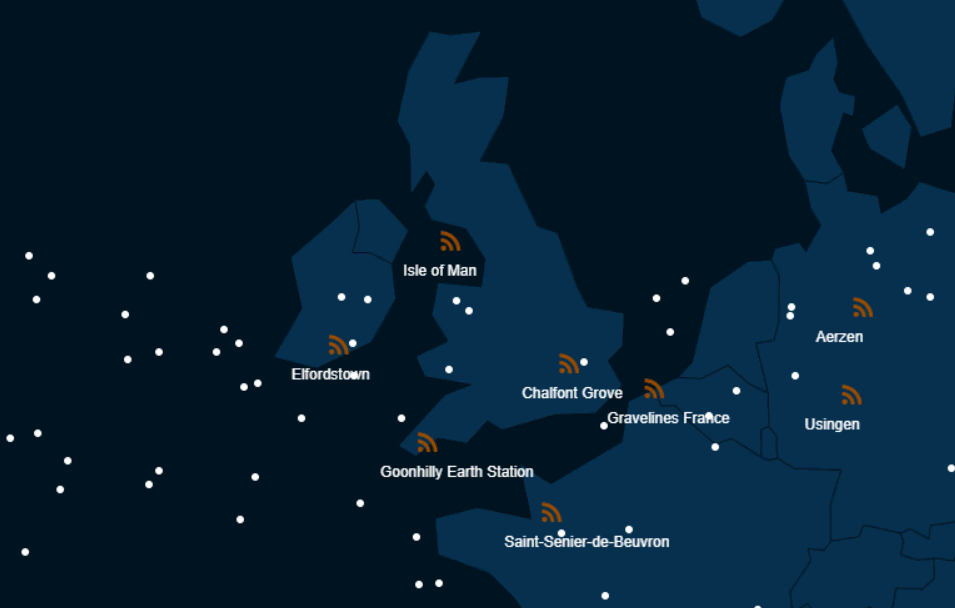 Map showing Starlink satellite broadband ground stations across the UK and Europe, with key sites marked in Elfordstown, Isle of Man, Goonhilly, Chalfont Grove, and France.