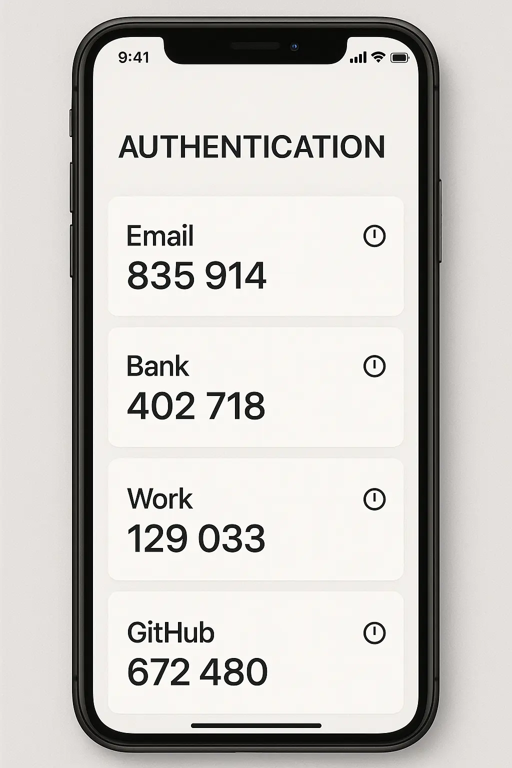 AI-generated image of a smartphone displaying a time-based one-time password (TOTP) authentication app with multiple account codes for multi-factor authentication (MFA).