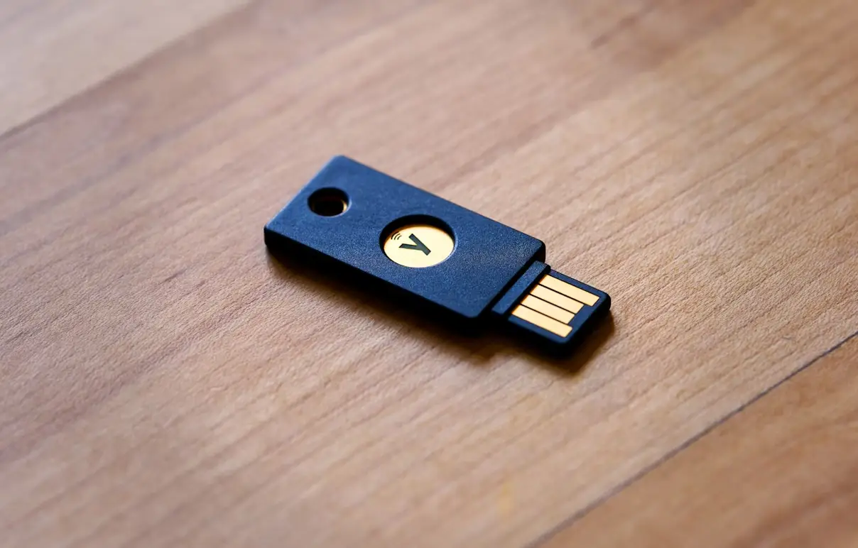 A Yubico YubiKey USB-A security key resting on a wooden surface.