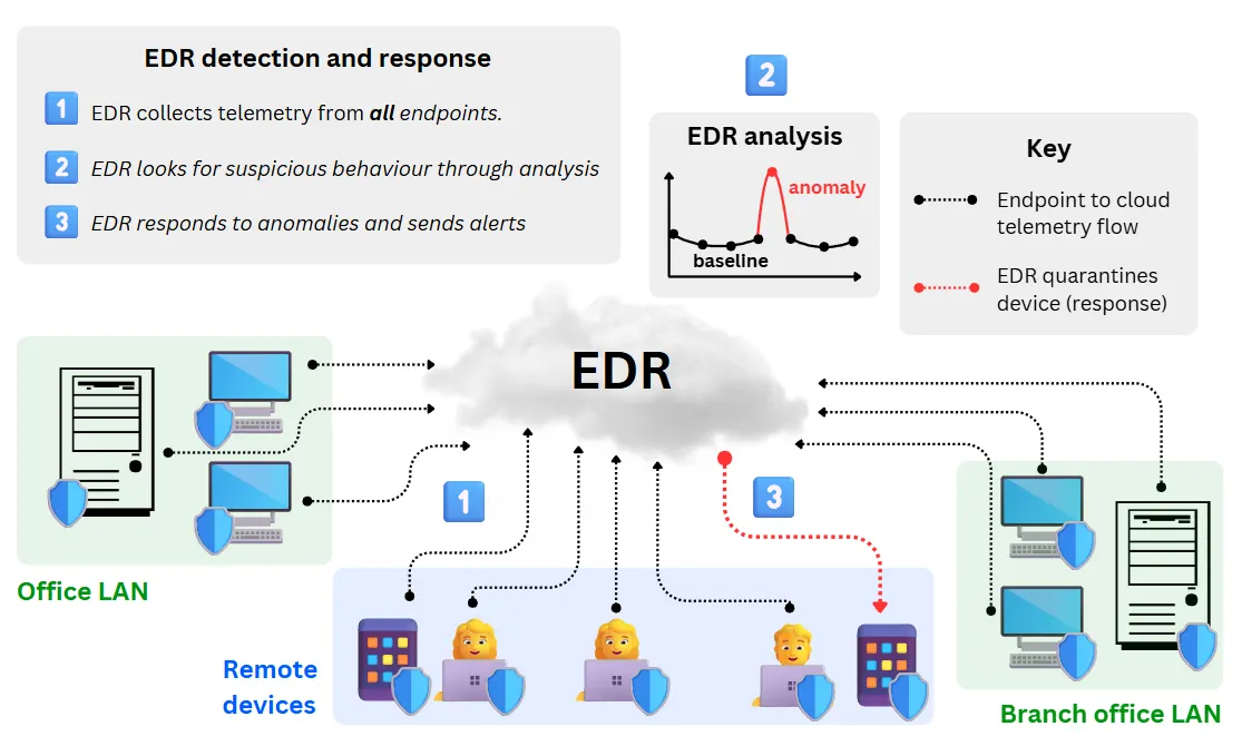 Diagram showing how EDR collects telemetry from office, remote, and branch devices, analyses behaviour in the cloud, and responds to anomalies by alerting or isolating affected endpoints.