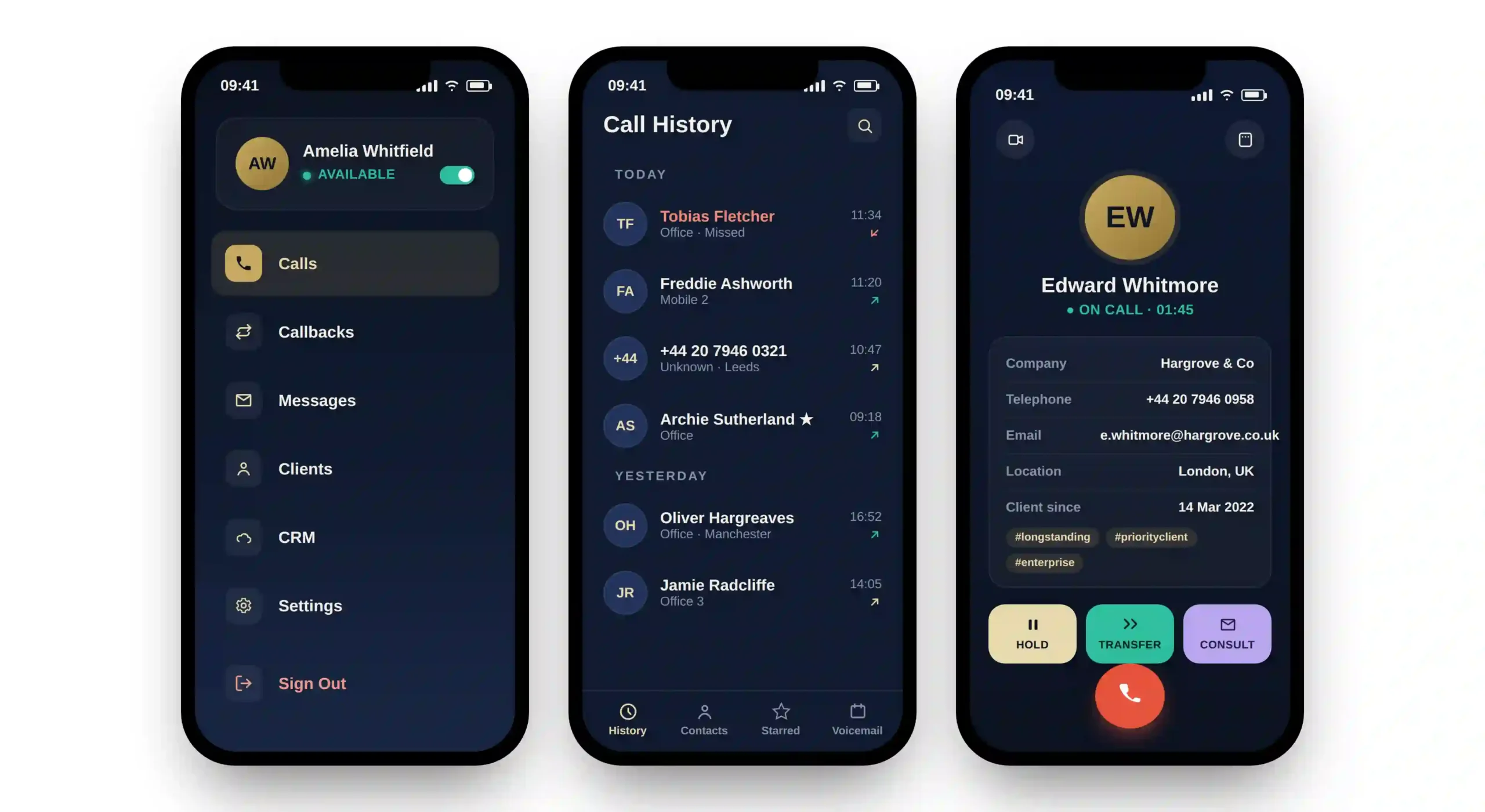 Three mobile softphone app screens showing a navigation menu, call history, and an active call with CRM client details