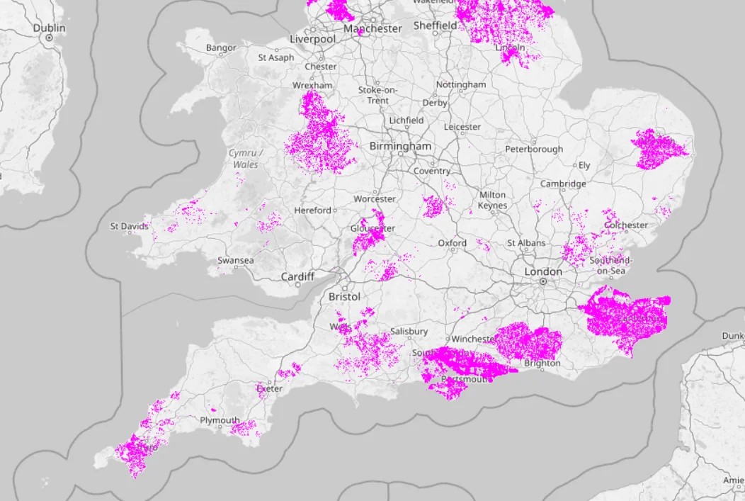 Map of Southern UK showing Fixed Wireless Access broadband coverage in purple, indicating network areas served by over 20 providers across rural and coastal regions.